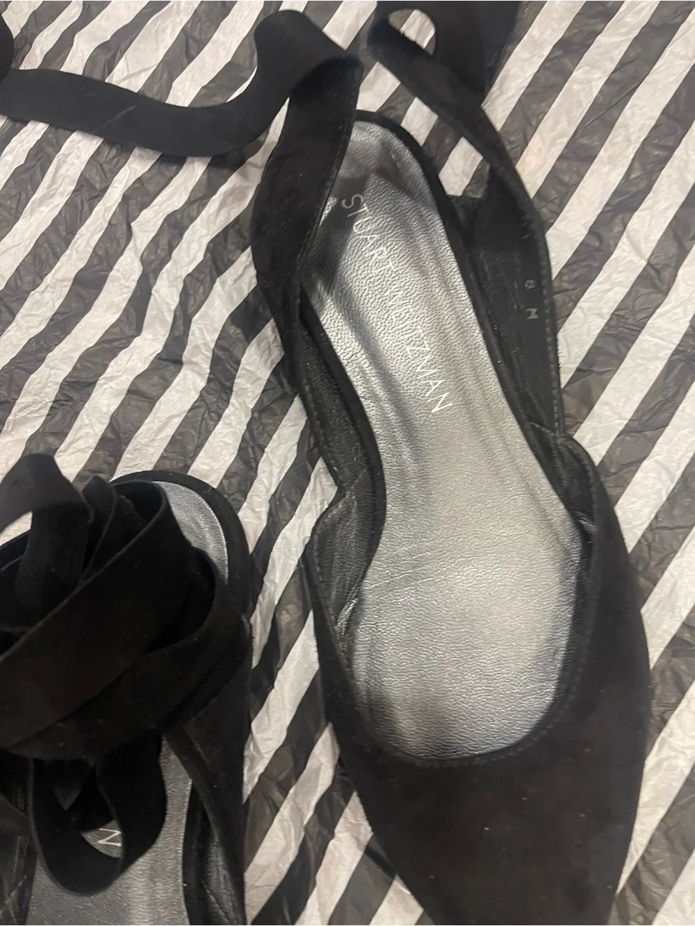 Stuart Weitzman Black Suede Pointed Tie-Back Flats with Ankle Ribbons - Picture 7 of 10